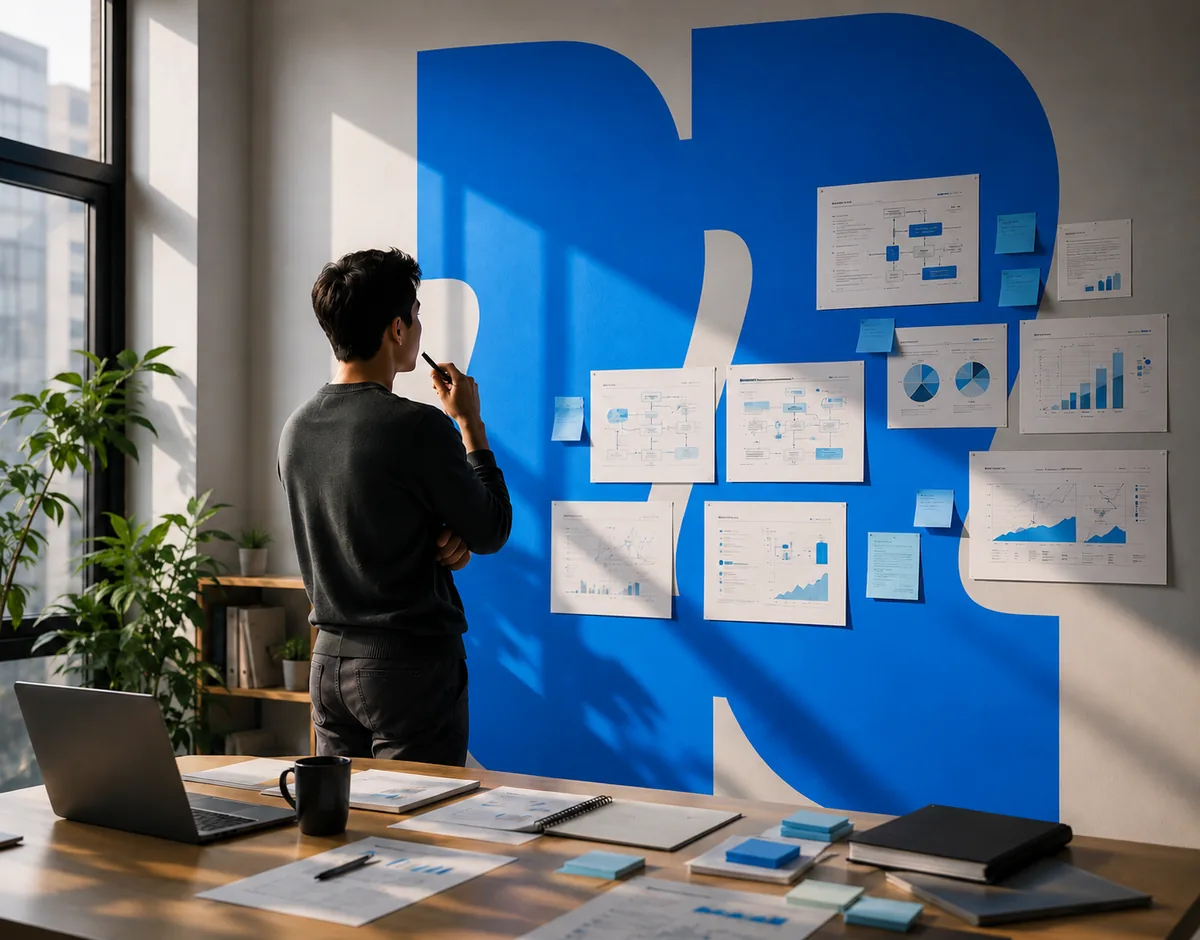 Strategy analyst mapping out charts, frameworks and strategic options on a wall of pinned-up documents in a modern office